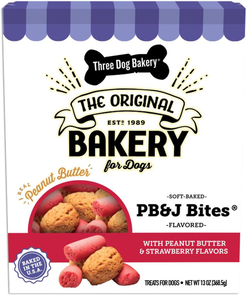 Three Dog Bakery Soft Baked PB&J Bites, Peanut Butter & Strawberry Flavor, Premium Treats for Dogs, 13 Ounce Box, brown (320035)