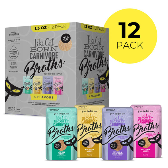 Tiki Pets Cat Born Carnivore Broths Wet Cat Food Toppers Variety Pack 1.3 Oz 12 Count