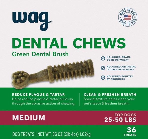 Brand - Wag Dental Dog Treats to Help Clean Teeth & Freshen Breath - Medium, Unflavored, 36 Count (Pack of 1) Brand - Wag Dental Dog Treats to Help Clean Teeth & Freshen Breath - Medium, Unflavored, 36 Count (Pack of 1)