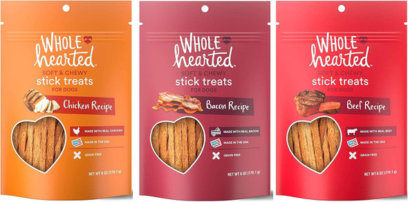 WholeHearted Grain Soft and Chewy Dog Stick Treats (Chicken & Beef & Bacon, 3-6 OZ) WholeHearted Grain Soft and Chewy Dog Stick Treats (Chicken & Beef & Bacon, 3-6 OZ)