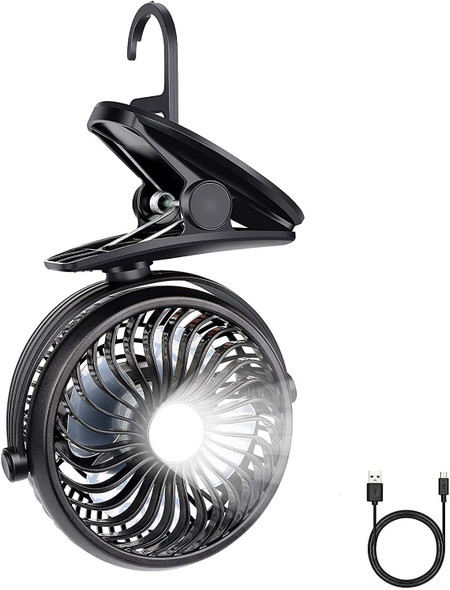 Camping Fan, Clip On Fan With Led Lights And Hook, 4 In 1 Camping Accessories, Rechargeable 2600Mah Battery/Usb Operated Personal