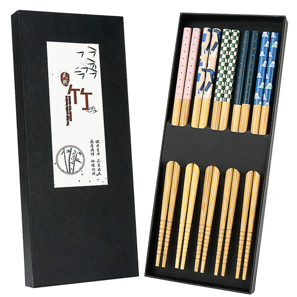 Ytzj Direct 5 Pairs Japanese Natural Bamboo Chopsticks With Unique Pattern Dishwasher Safe