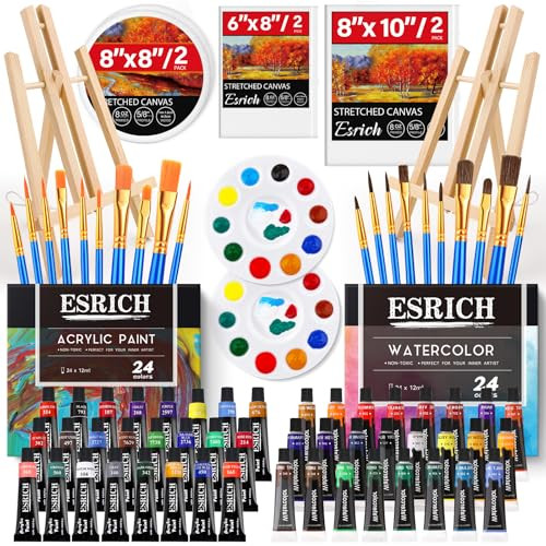 Esrich Acrylic Paint Set With Wood Easel Paint Brushes Canvases Art Painting 78Pcs