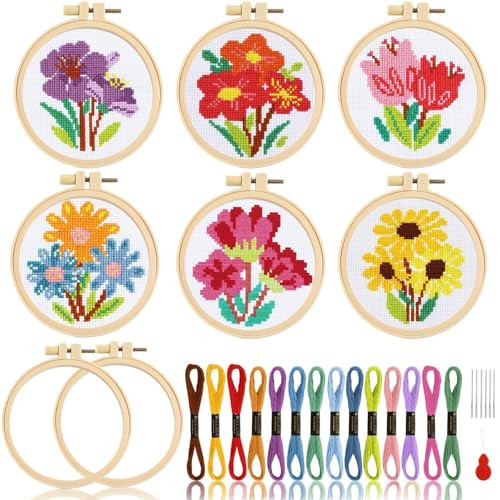 Zoiiwa Summer Themed Flower Cross Sewing Kits For Beginners Flower Diy Embroidery 6Pcs