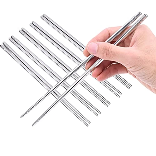 Zyoung 5 Pairs Silver Stainless Steel Chopsticks Reusable Lightweight Metal Chopsticks Dishwasher Silver