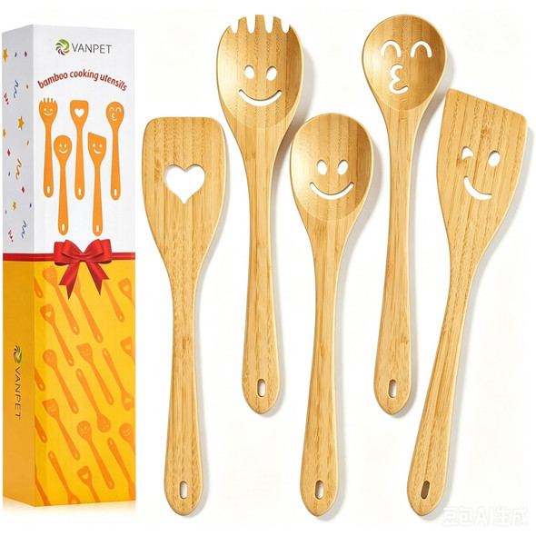 Vanpet Wooden Cooking Utensil Set Cute Spatula Set Funny Bamboo Kitchenware Unique
