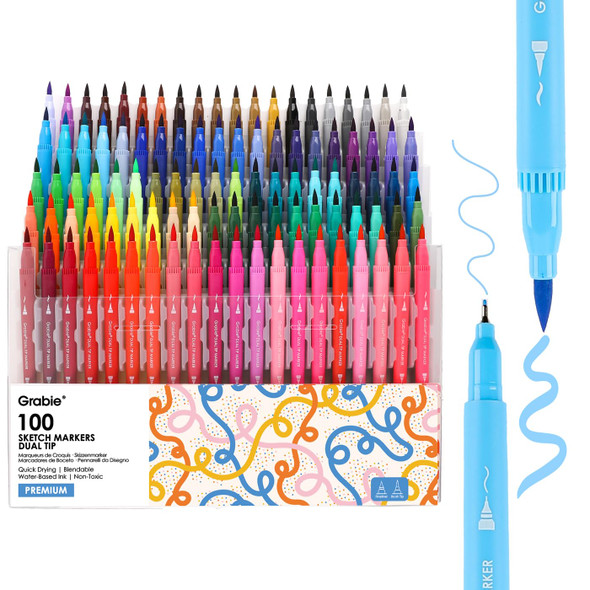 Grabie Dual Tip WaterBased Sketch Marker Set Of 100 Fineliner and Brush Set Of 100