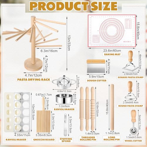 Teecyhooo Pasta Making Tools Kit Include Wood Threaded Rolling Pins 3 Size 15 Pcs