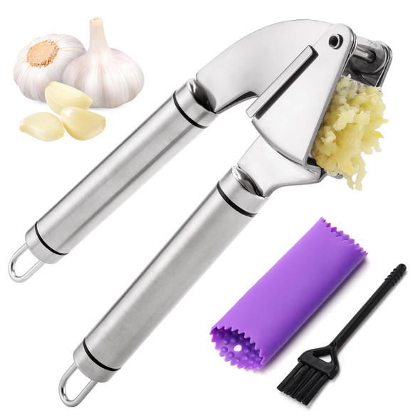 Burlihome Garlic Press Mincer 304 Stainless Steel Garlic Press With Garlic Peeler Stainless Steel