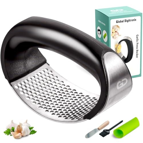 Global Digitronix Garlic Press Rocker Crusher Mincer Tool Stainless Steel With A Garlic Stainless Steel