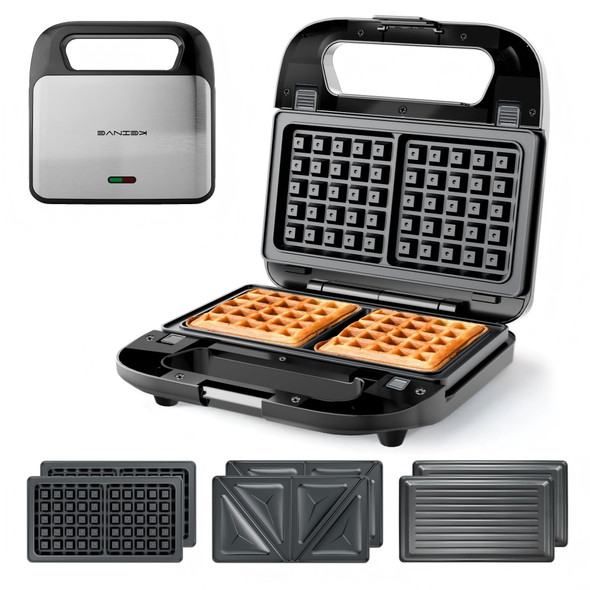 Keinve 3In1 Sandwich Maker Waffle Maker And Panini Press Grill Electric Breakfast 800W Black