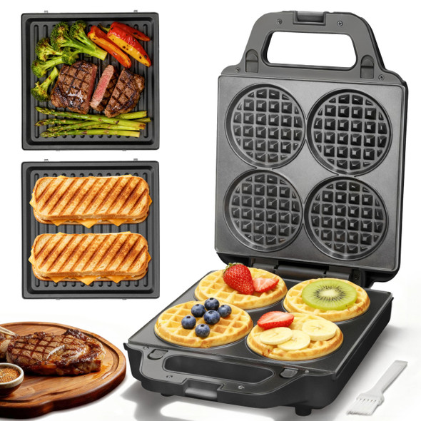 Sugarwhisk 2 In 1 Mini Waffle Maker With Removable Plates Panini Press 4 Inch