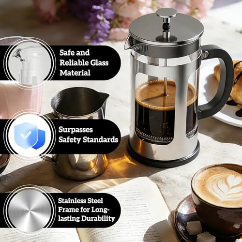 Moyac French Press Coffee Maker Heat Resistant Thickened Glass Stainless Steel Brewer 34Oz Stainless Steel