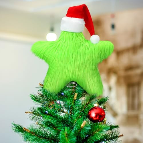 Vertintong Plush Christmas Star Tree Topper 9.84 Green Furry Star Xmas Tree Green