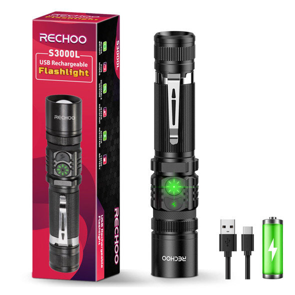 Rechoo Flashlight Rechargeable High Lumens Dual Switch Rechargeable Led Flashlight Adjustable Foucs 1 Pack