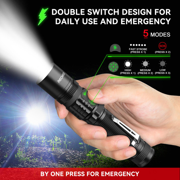 Rechoo Flashlight Rechargeable High Lumens Dual Switch Rechargeable Led Flashlight Adjustable Foucs 1 Pack