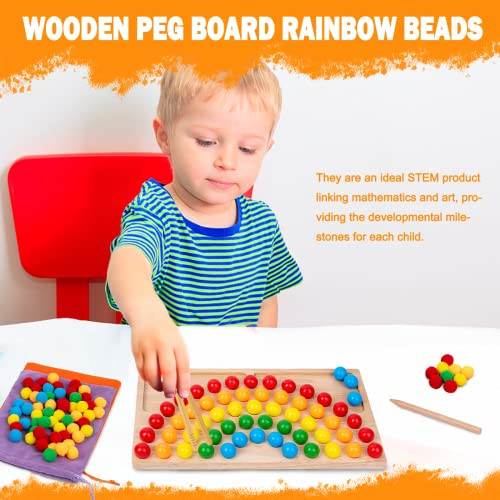 Adena Montessori Wooden Peg Balls DoubleSided Rainbow Beads Game Counting Matching Game Bead