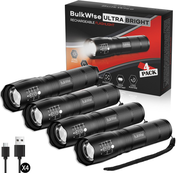 Bulkwise Rechargeable Flashlights High Lumens Bright 1 Mode Small Flashlight Powerful Tactical 4 Pack