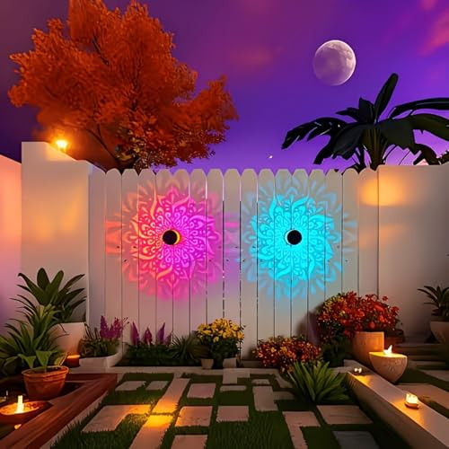Uniqus 2Pack Solar Mandala Projector Wall Lights Colorful Decorative Waterproof Metal Mandala 2Pack