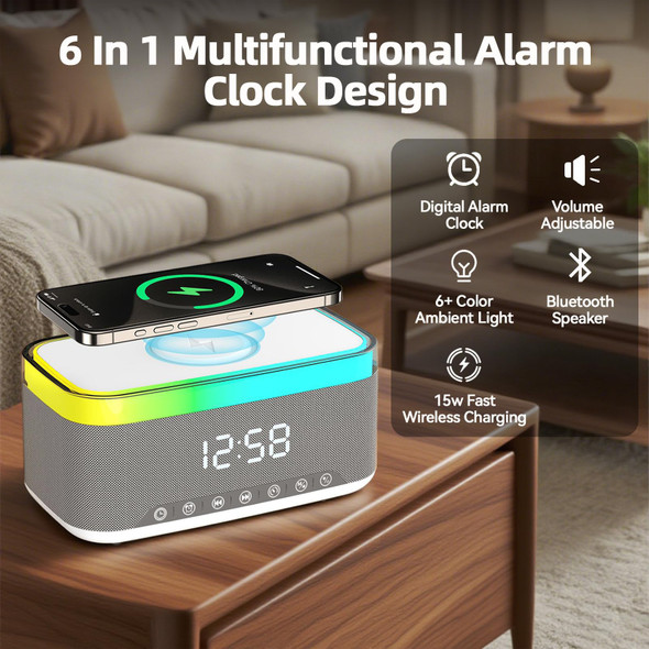 Strackvial Bluetooth Speaker With Wireless Charging and Digital Clock Led Display Qi 15W White