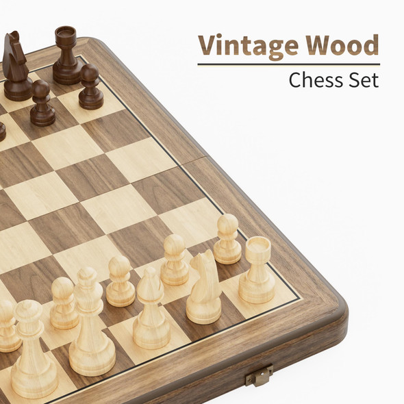 Puecrof Magnetic Wooden Chess Set Rubberwood Folding Chessboard With Brown DualSided Storage 15 Inch Brown