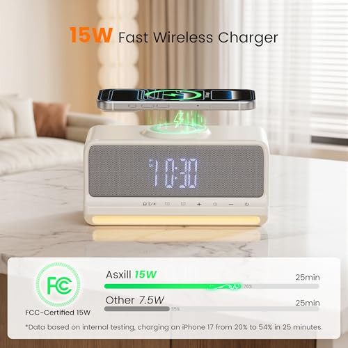 Asxill Digital Led Dual Alarm Clock Bluetooth Speaker Fast Wireless Charger Station 10W