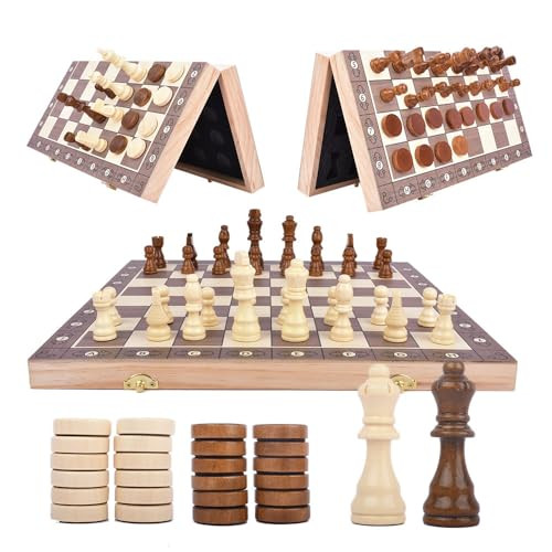 Tzymelew Magnetic Chess and Checkers Set 15 2In1 Wooden Foldable Board With