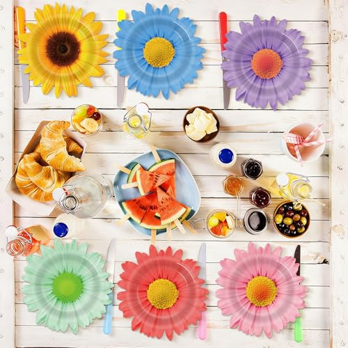 Zoiiwa Daisy Floral Paper Plates Flower Shaped Disposable Dinnerware Summer Dessert Cake 7 Inch 48Pcs