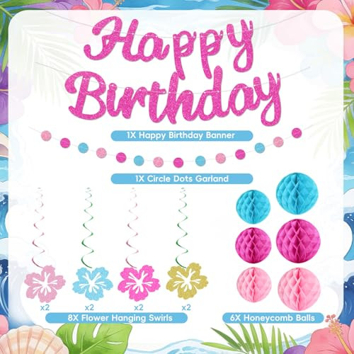 Ythetm Hawaiian Luau Birthday Party Decorations Glittery Pink Happy Birthday Banner For Pink