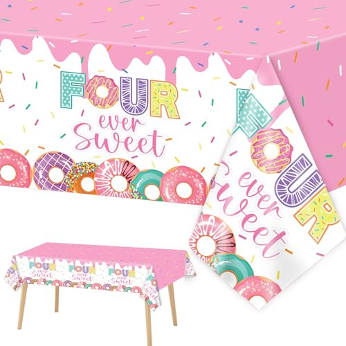 Zoiiwa Four Sweet Donut Birthday Party Tablecloths Decorations Girls Donut Themed Plastic 3 Pack Pink