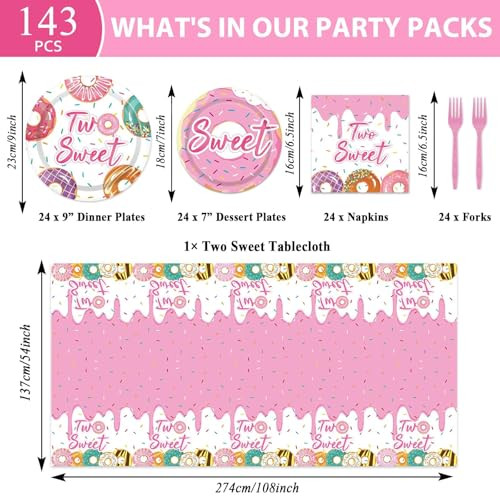 Zoiiwa Two Sweet Birthday Party Decorations Girls Donut Tableware Set Sweet Donut 143Pcs