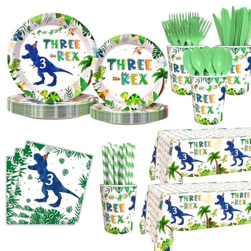 Aibiin Three Rex Birthday Decorations For Boy 3Rd Birthday Party Plates Cup 194Pcs