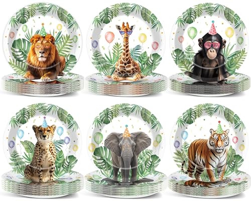 Zoiiwa Jungle Safari Party Plates Wild Animals Birthday Paper Dinnerware Plate Set 7Inch 60Pcs