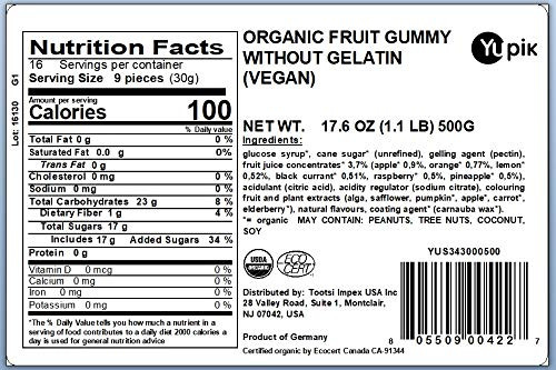 Yupik Organic Fruit Gummy Bears GelatinFree GlutenFree Vegan NonGmo Natural Colors and 17.6 Oz 1.1 Lb