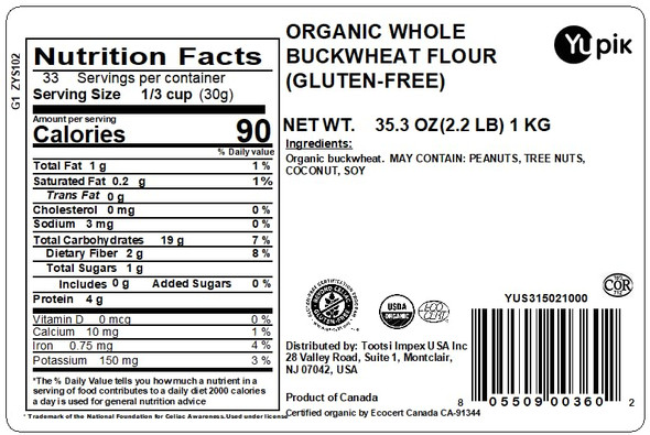 Yupik Organic Ground Buckwheat Flour Usda GlutenFree Raw Vegan Kosher NonGmo 35.2 Oz 2.2 Lb