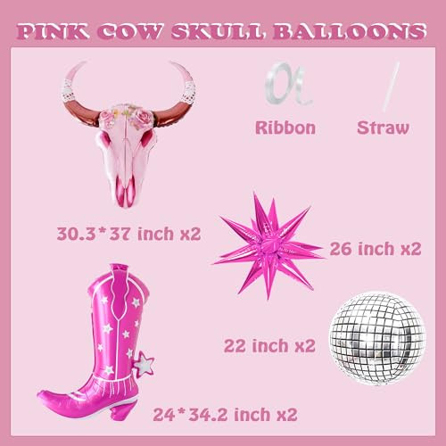 Zafete Pink Long Horn Cow Skull Boots Disco Ball Balloons Western Cowgirl Pink
