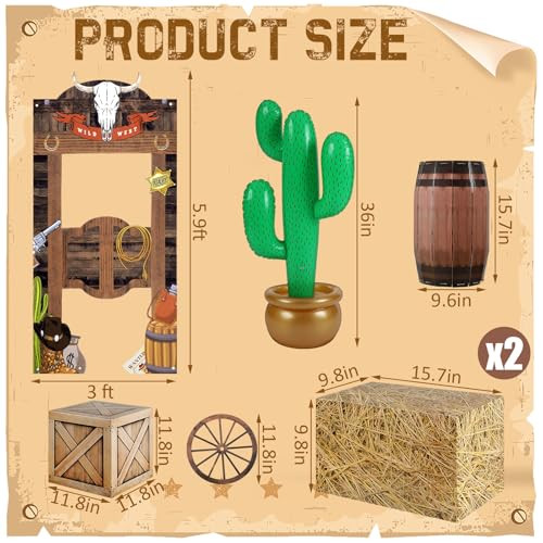 Vertintong Western Cowboy Rodeo Party Decoration Kit Hay Bales Boxes Inflatable Cactus 7 Pcs