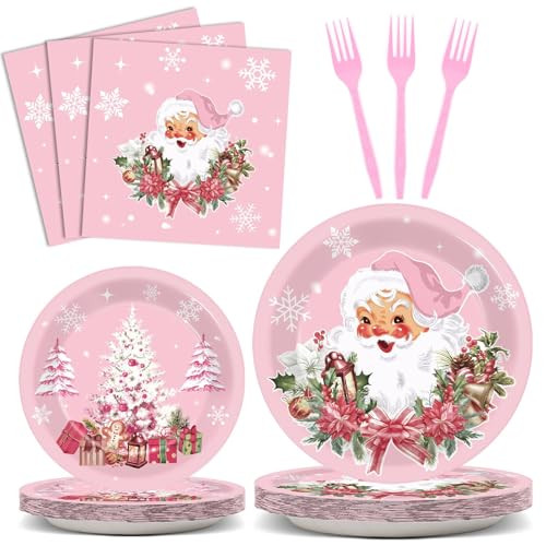 Zoiiwa Pink Christmas Party Tableware Set Santa Claus Snowflake Party Supplies Pink 96Pcs Pink