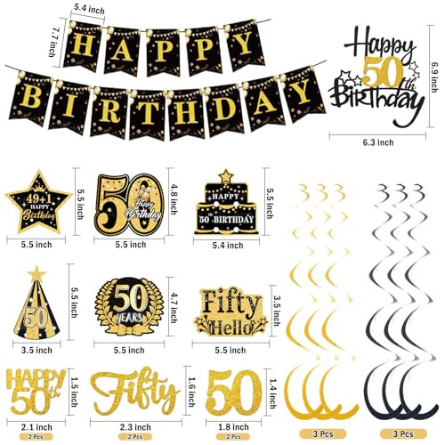 Ythetm 50Th Birthday Decorations For Men Women Black Gold Happy 50 Year 46 Pcs Black