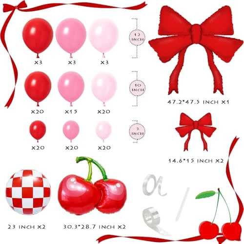 Zafete Red Cherry Bow Checkered Foil Balloons Arch Garland Summer Berry Fruit 131Pcs Red