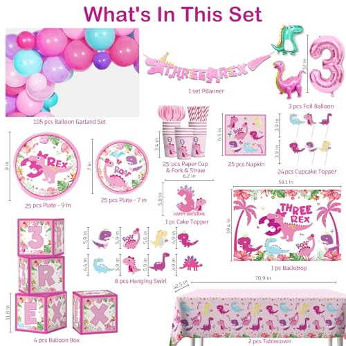 Cocomigo Three Rex Birthday Decorations Girl Tableware Set Serves 25 Guests Pink 314Pcs Pink