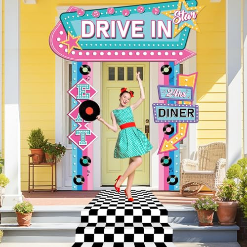 Zoiiwa 50S Party Decorations 50S Retro Diner Door Banner Black White Checkered 4Pcs Black