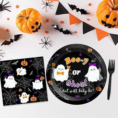 Zoiiwa Halloween Gender Reveal Party Decorations Booy Or Ghoul Ghost Tableware Set 96Pcs