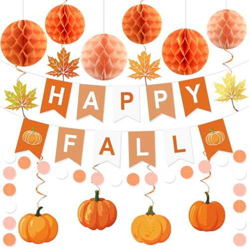 Ythetm Fall Party Decorations Happy Fall Banner With Honeycomb Balls Pumpkin Maple