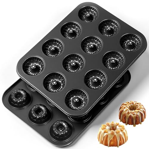 Xosjska Mini Fluted Tube Cake Pan 12Cavity Fluted Small Round Cake Mold 2 Pack