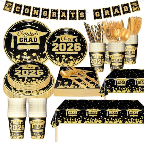 Zpaio Graduation Plates And Napkins Graduation Decorations Black And Gold 403Pcs Black