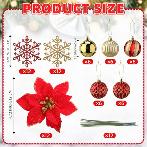 Vertintong Christmas Tree Ornaments Set With Poinsettias 90Pcs Red