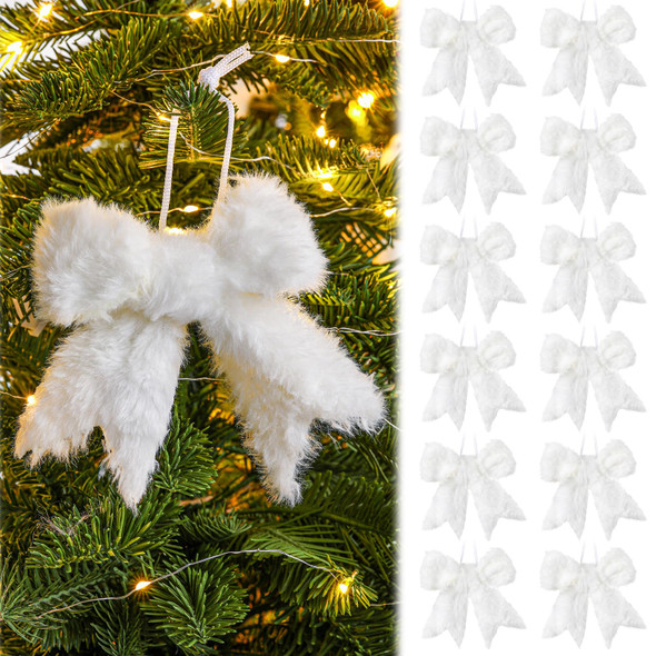 Vertintong Fur White Christmas Tree Bow Decor Furry Farmhouse Bow Hanging Ornaments 12 Pcs White