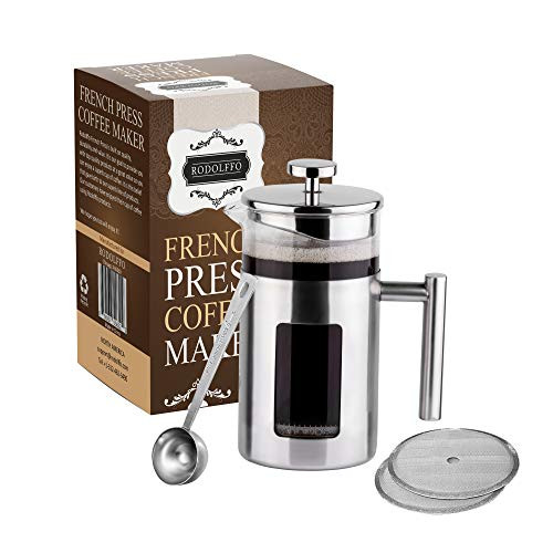 Rodolffo French Press Coffee Maker With Stainless Steel 18/8 Frame Heat Resistant 34 Ounce Stainless Steel