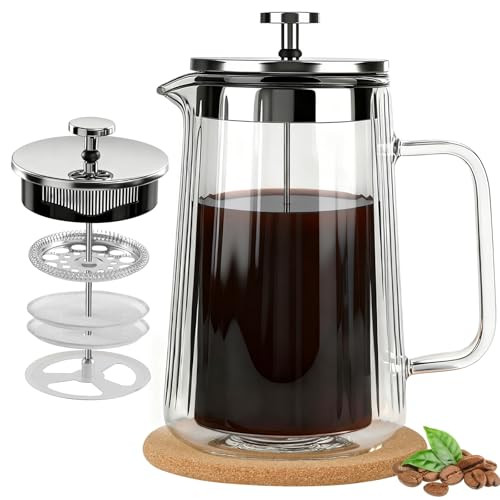 Chdexu Glass French Press Coffee Maker Double Wall HeatResistant Borosilicate Glass Coffee 34Oz Stainless Steel
